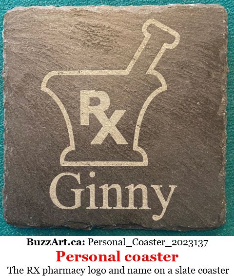 The RX pharmacy logo and name on a slate coaster